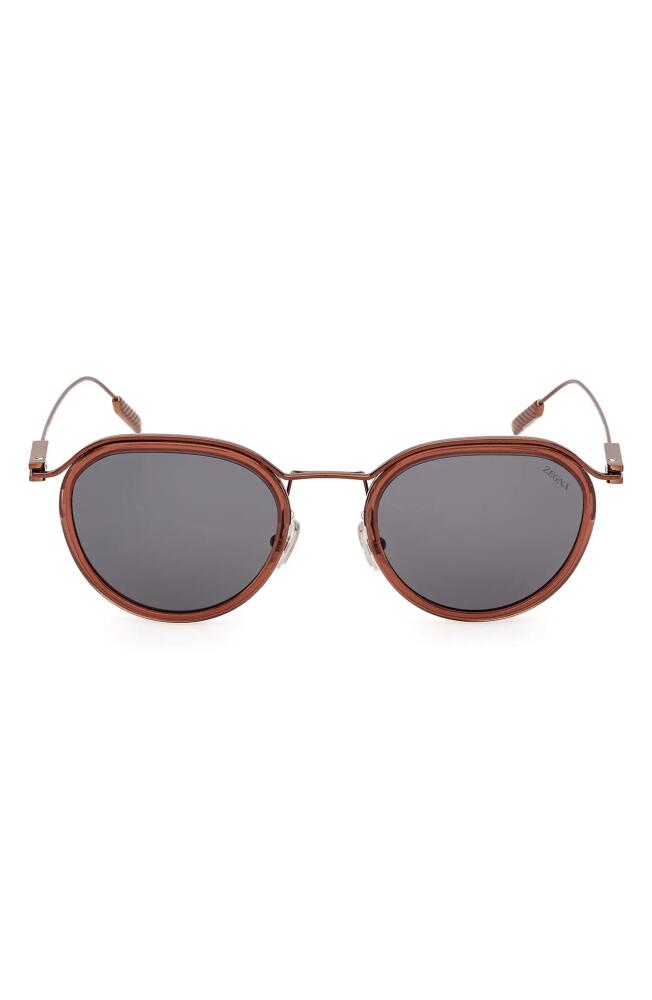 ZEGNA 51mm Round Sunglasses in Shiny Light Brown /Smoke Cover