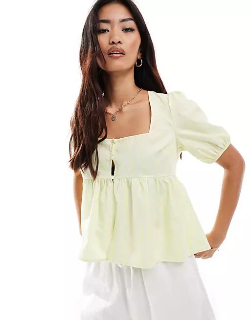 ASOS DESIGN poplin button front blouse in yellow stripe Cover