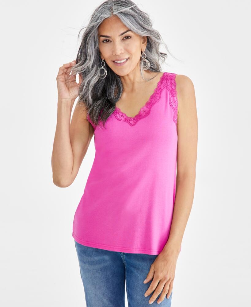 Style & Co Women's Lace-Trim Cotton Tank Top, Created for Macy's - Fuchsia Tulip Cover