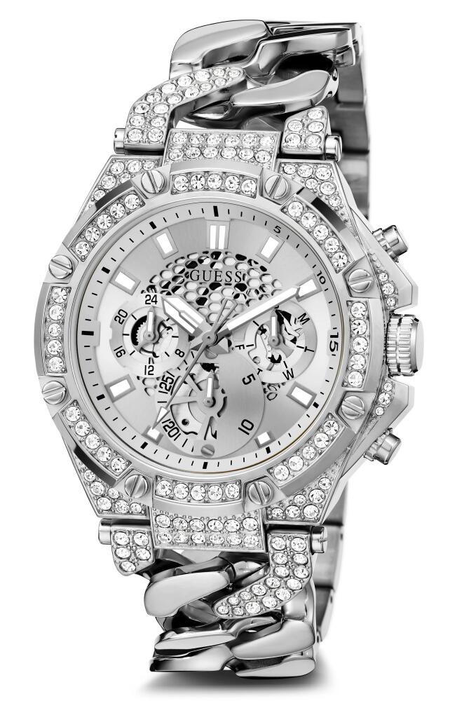 GUESS Multifunction Crystal Skeleton Curb Chain Bracelet Watch, 46mm in Silver/silver/silver Cover