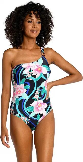 La Blanca Nightfall Blooms One Shoulder One-Piece (Black) Women's Swimsuits One Piece Cover