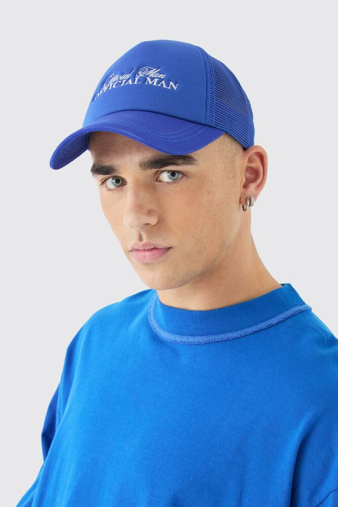 boohoo Mens Official Man Embroidered Foam Cap With Mesh Panels In Blue Cover