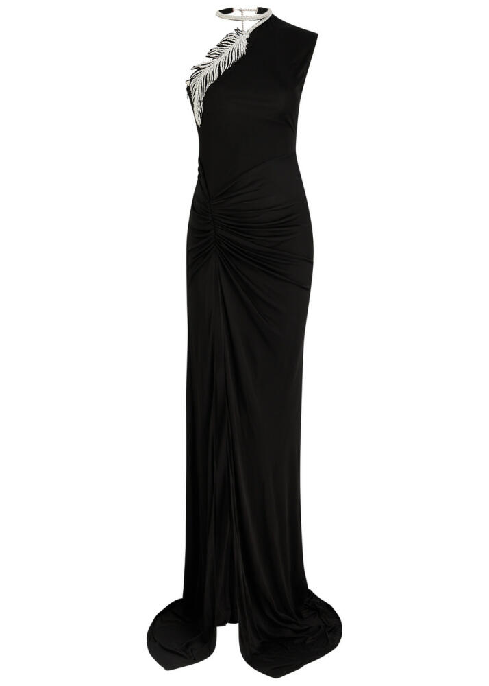 David Koma One-shoulder Embellished Satin-jersey Gown - Black And Silver Cover