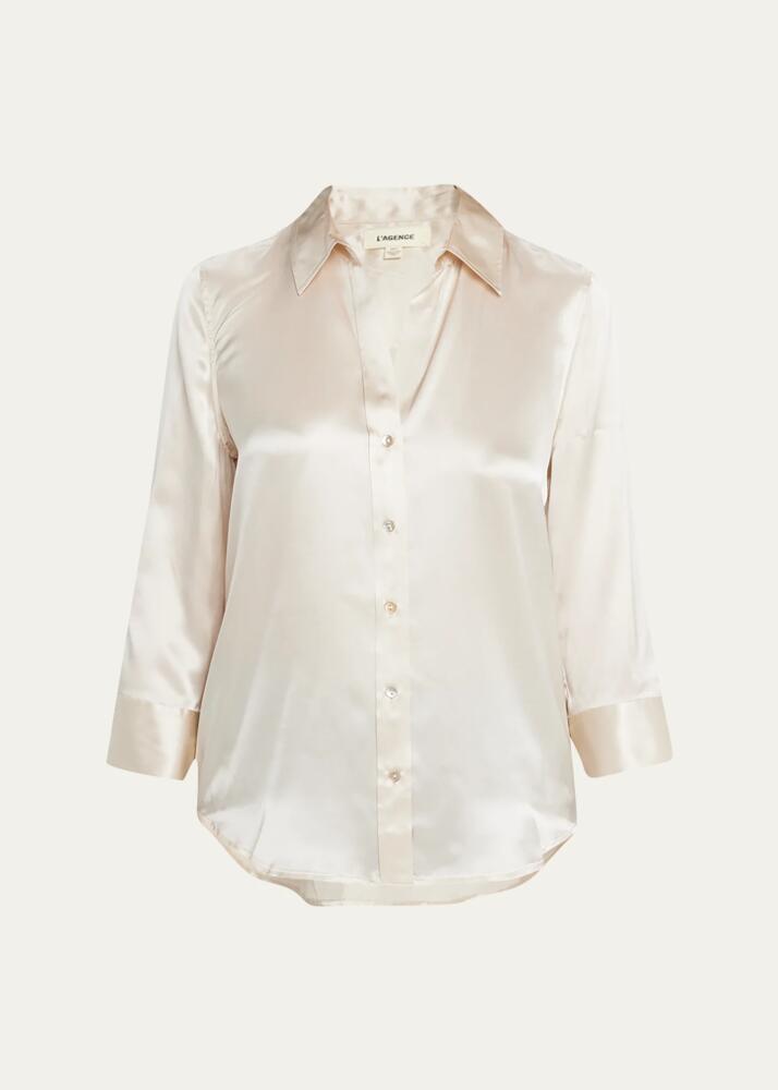 L'Agence Dani Silk Satin 3/4-Sleeve Button-Down Blouse Cover