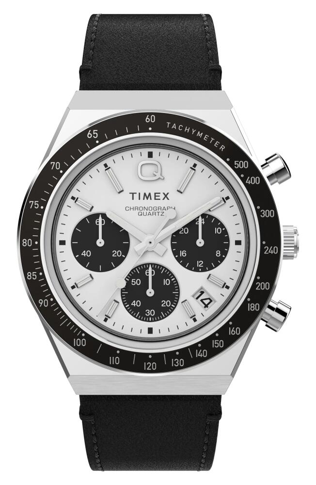 Timex Q Timex Chronograph Leather Strap Watch, 40mm in Black Cover