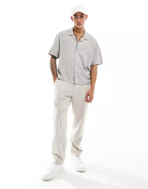 Weekday Charlie linen boxy fit short sleeve shirt in light mole-Neutral Cover