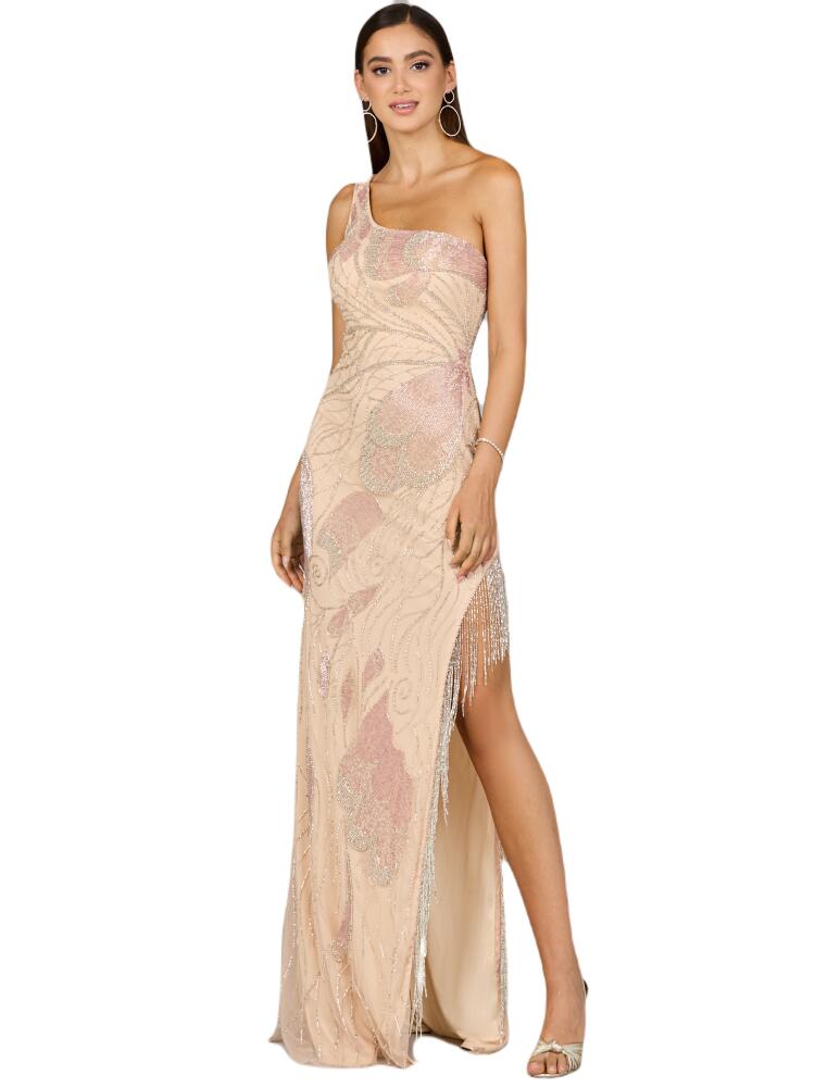 LARA New York One Shoulder Beaded Gown with Fringe Slit in Nude/multi Cover