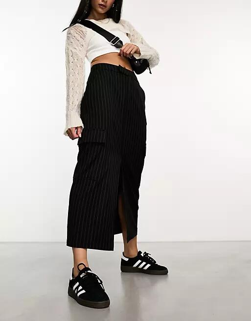 Stradivarius STR tailored midi skirt in black pinstripe Cover