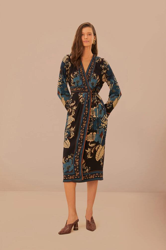 FARM Rio Black Blossom Tapestry LENZING ECOVERO Viscose Midi Wrap Dress Cover