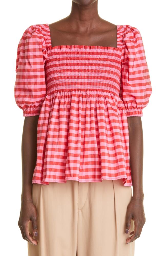 Molly Goddard Women's Axel Gingham Smocked Taffeta Top in Pink/Red Cover