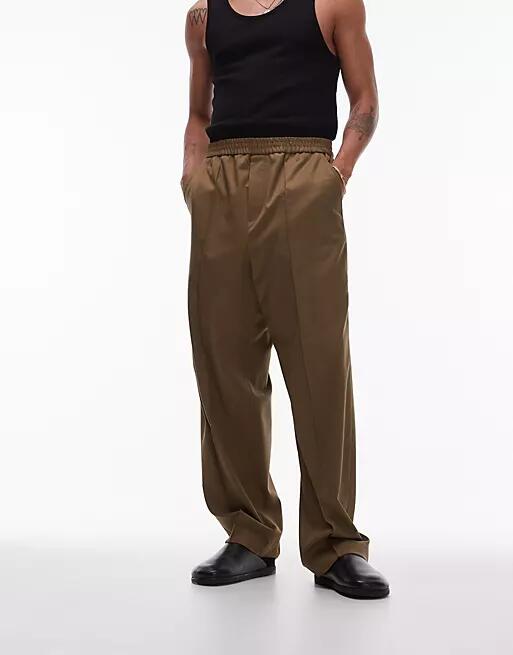 Topman elasticated waist wide leg pants in khaki-Green Cover