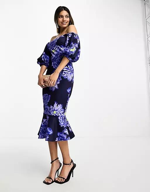 True Violet bardot midi dress with pephem in bright blue floral print Cover