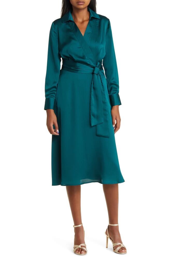 Tahari ASL Long Sleeve Hammered Satin Faux Wrap Midi Shirtdress in Cedar Cover