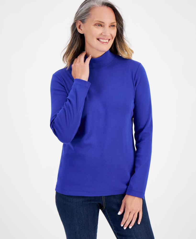 Style & Co Women's Cotton Mock-Neck Long-Sleeve Tee, Created for Macy's - Jazzy Blue Cover