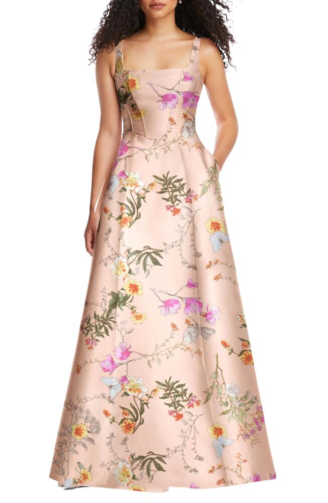 Alfred Sung Floral Corset Satin Gown in Butterfly Botanica-Pink Sand Cover