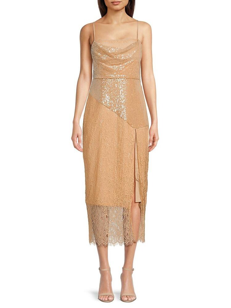 BCBGMAXAZRIA Women's Side Slit Sequined Midi Dress - Champagne Cover