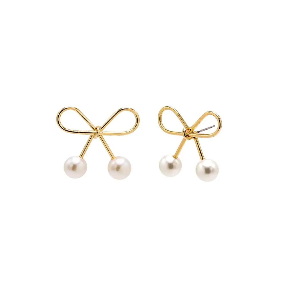 BY ADINA EDEN Bow Tie Double Pearl Stud Earring in Gold Cover