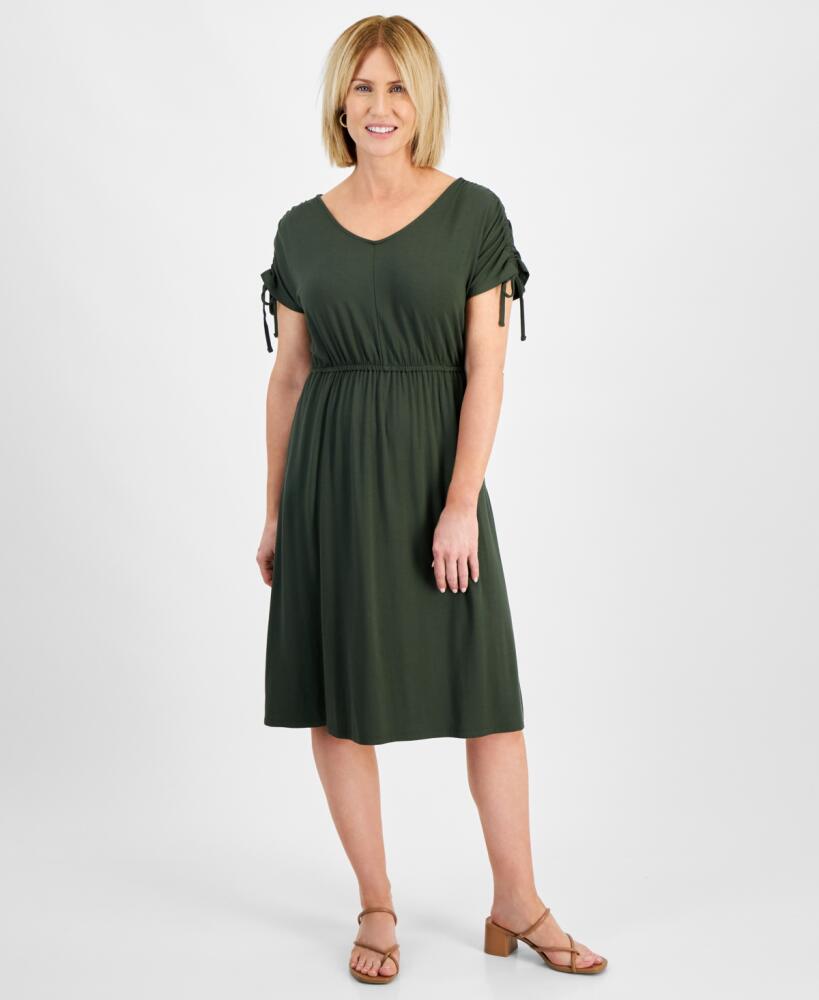 Style & Co Petite V-Neck Shirred-Sleeve Knit Dress, Created for Macy's - Midnight Olive Cover