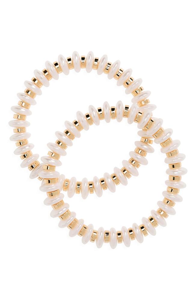 Nordstrom Set of 2 Imitation Pearl & Golden Disc Stretch Bracelets in White- Gold Cover