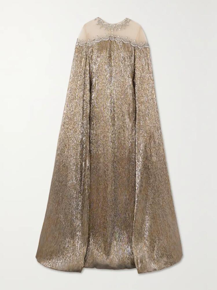 Oscar de la Renta - Cape-effect Crystal-embellished Tulle-trimmed Silk-blend Lamé Gown - Gold Cover