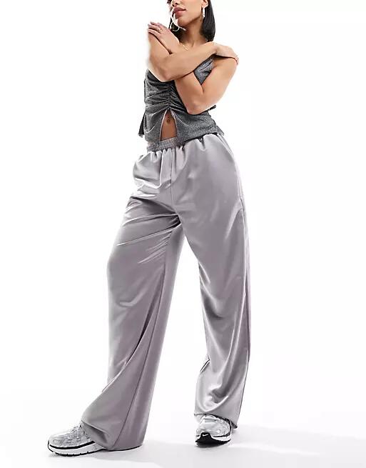 Reclaimed Vintage satin pull on pants in silver Cover