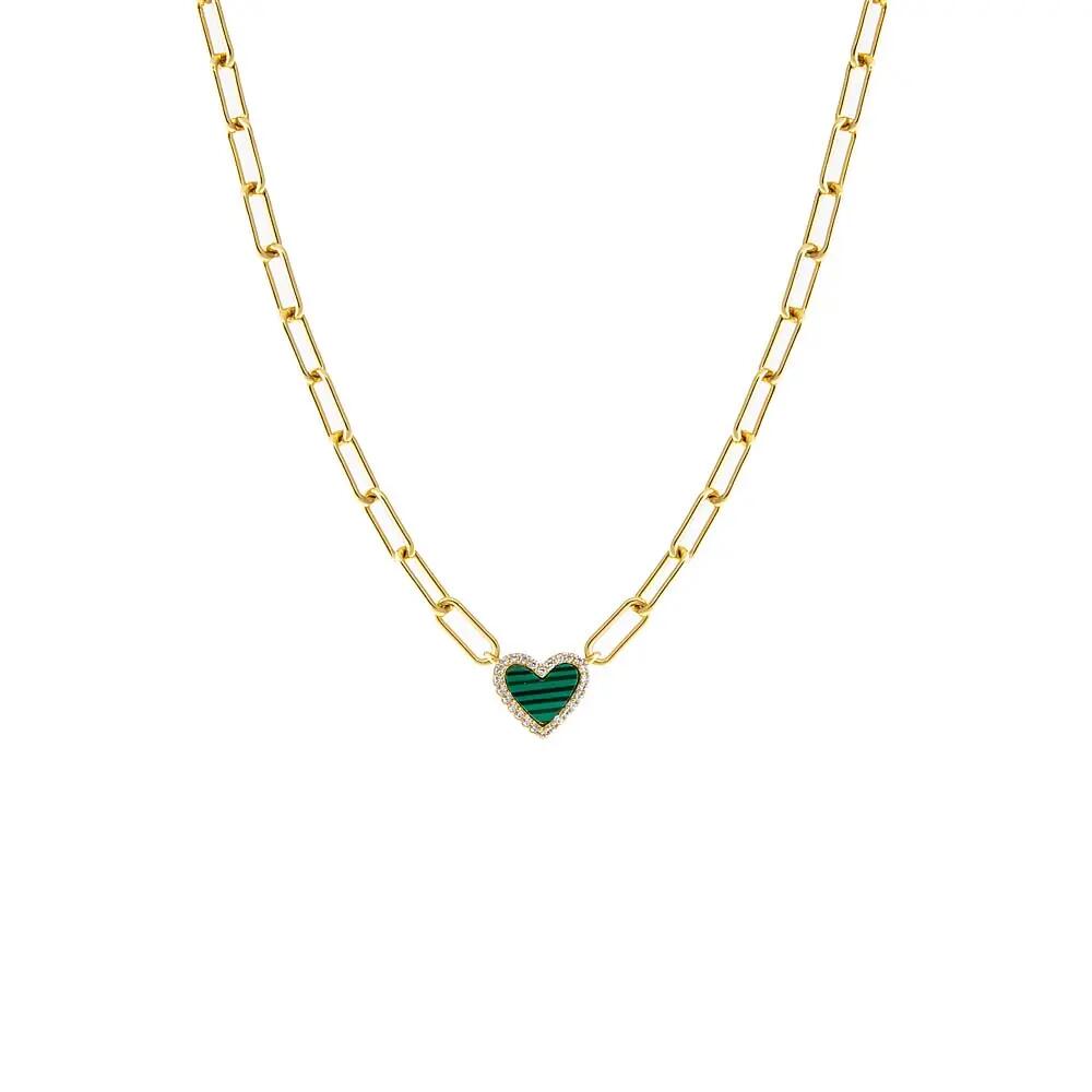 BY ADINA EDEN Pave Colored Stone Heart Paperclip Necklace in Malachite Cover