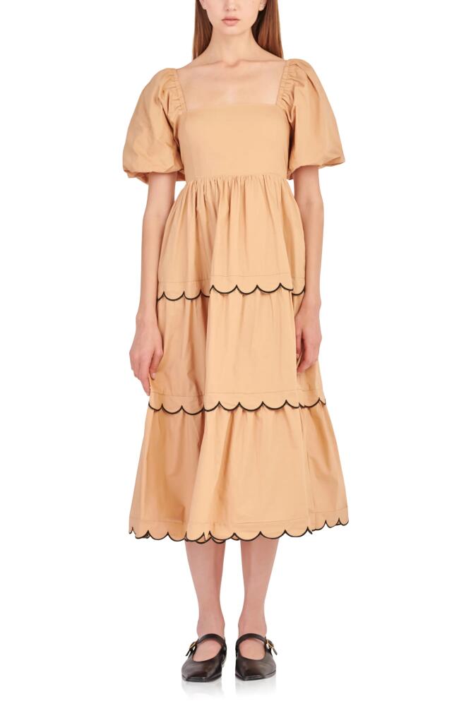 English Factory Puff Sleeve Scallop Trim Cotton Midi Dress in Tan/Black Cover