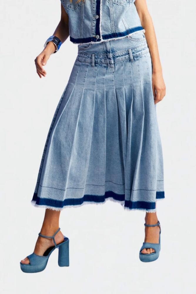 Nocturne Pleated Long Denim Skirt in Blue Cover