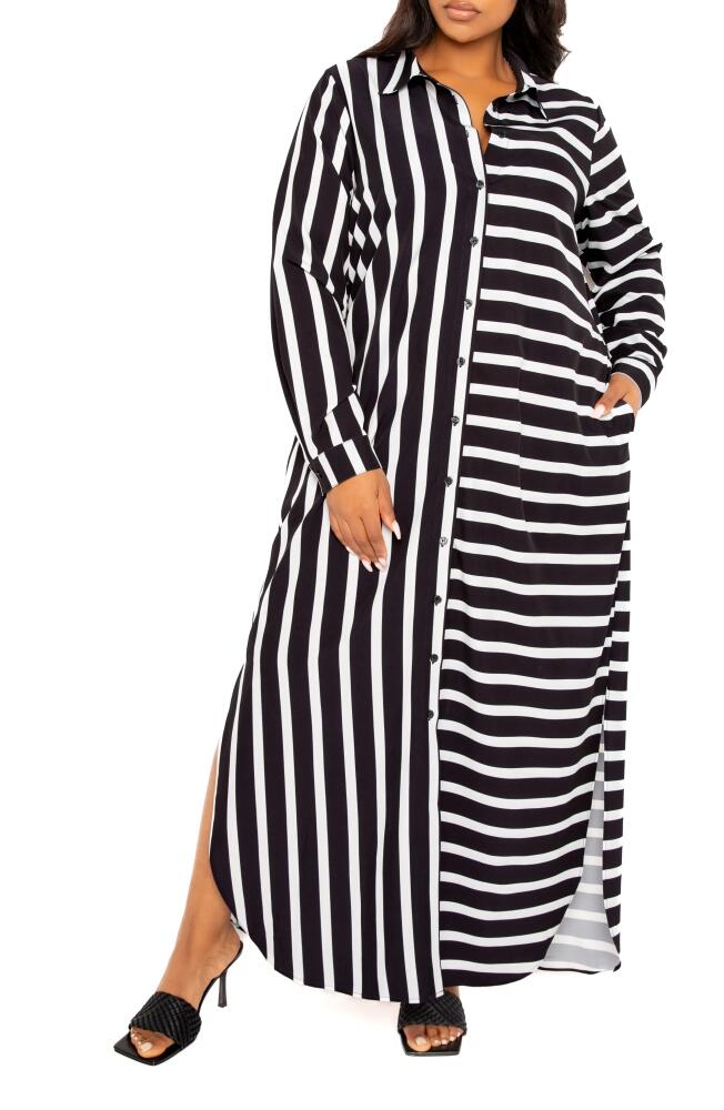 BUXOM COUTURE Long Sleeve Button-Up Maxi Shirtdress in Navy Stripe Cover