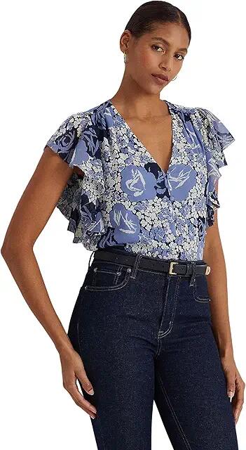 LAUREN Ralph Lauren Floral Crinkle Georgette Shirt (Blue/Cream/Navy) Women's Clothing Cover