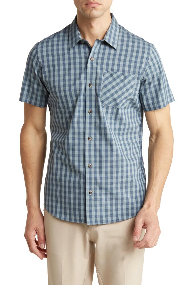 TravisMathew Sunday Siesta Gingham Short Sleeve Stretch Button-Up Shirt in Heather Silver Pine Cover