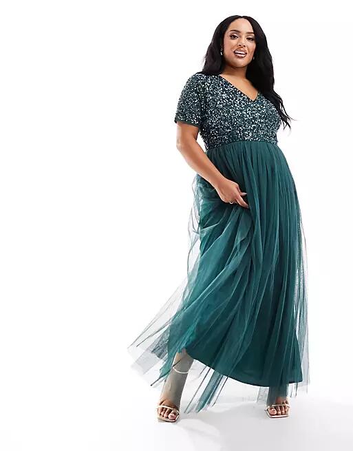 Maya Plus Bridesmaid short sleeve maxi tulle dress with tonal delicate sequins in emerald green Cover