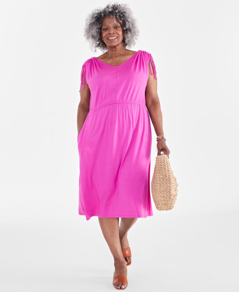 Style & Co Plus Size V-Neck Shirred-Sleeve Dress, Created for Macy's - Fuchsia Tulip Cover