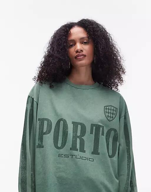 Topshop graphic long sleeve Porto sporty skater tee in green Cover