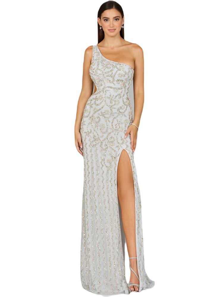 LARA New York One-Shoulder Beaded Gown with Slit in Silver Cover