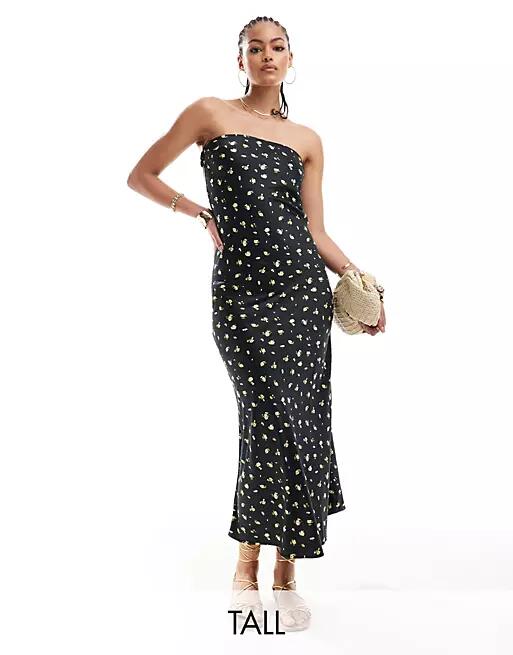 ONLY Tall satin bandeau maxi dress in black with yellow floral Cover