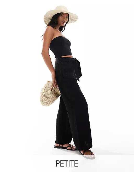 ONLY Petite tie waist wide leg linen pants in black Cover