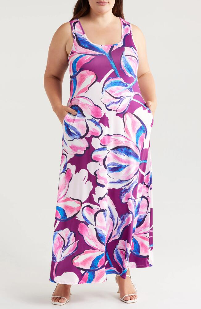 24seven Comfort Apparel Floral Square Neck Maxi Dress in Magenta Multi Cover