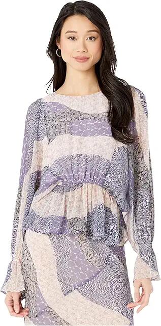 Steve Madden Easy Breezy Patchwork Floral Printed Chiffon Top (Steel Lavender) Women's Clothing Cover