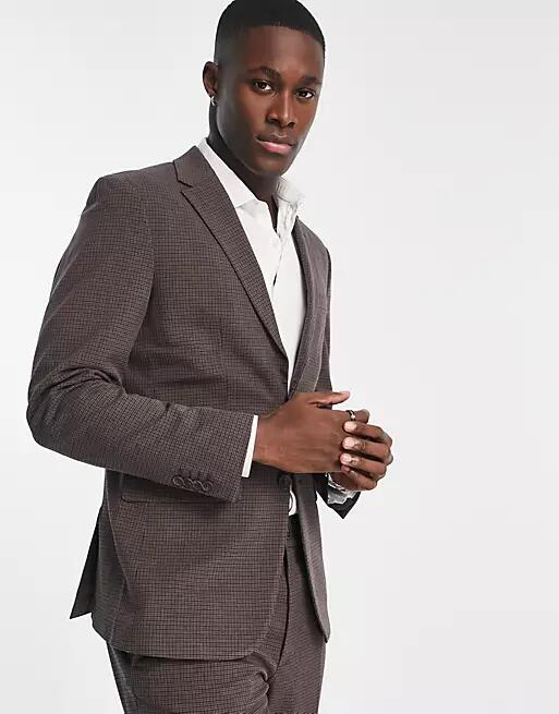 Selected Homme slim fit suit jacket in brown mini plaid Cover