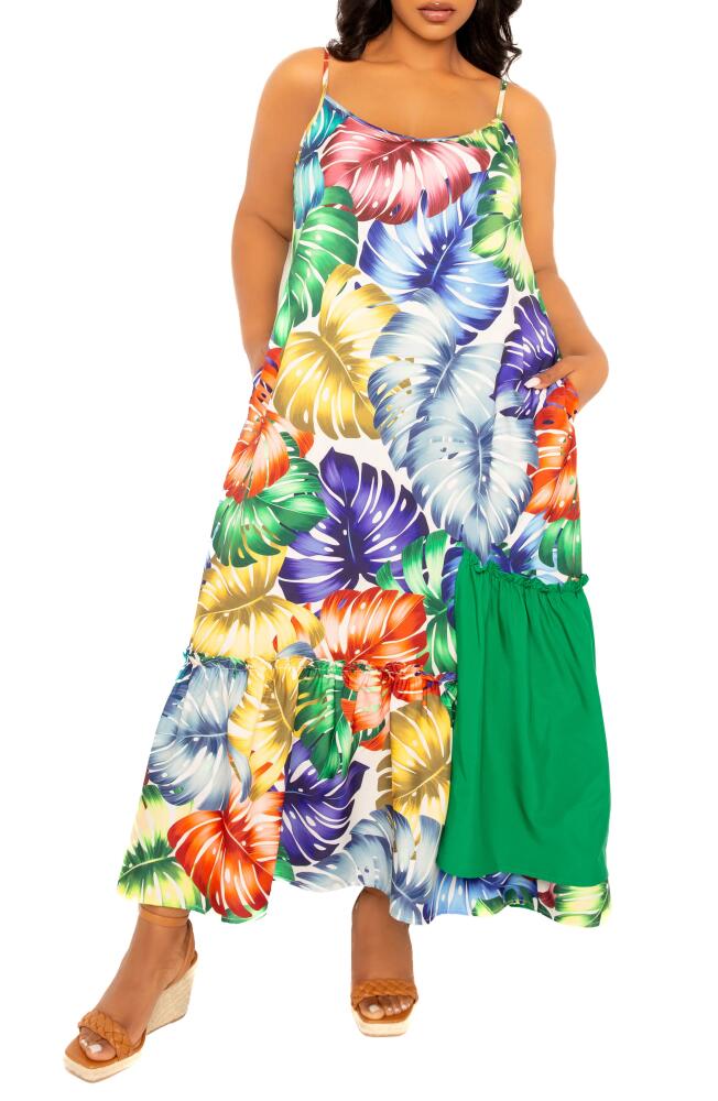 BUXOM COUTURE Palm Print Blocked Maxi Sundress in Green Multi Cover