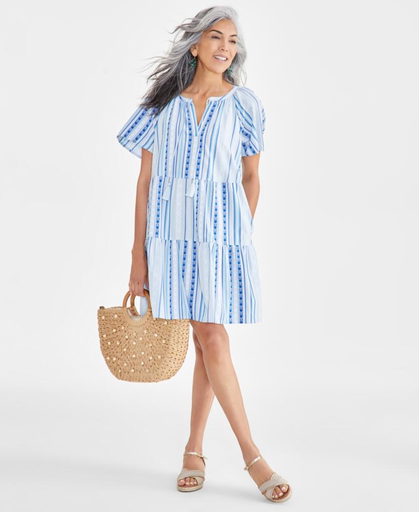 Style & Co Women's Stripe Split-Neck Tiered Dress, Created for Macy's - Blue Stripe Cover