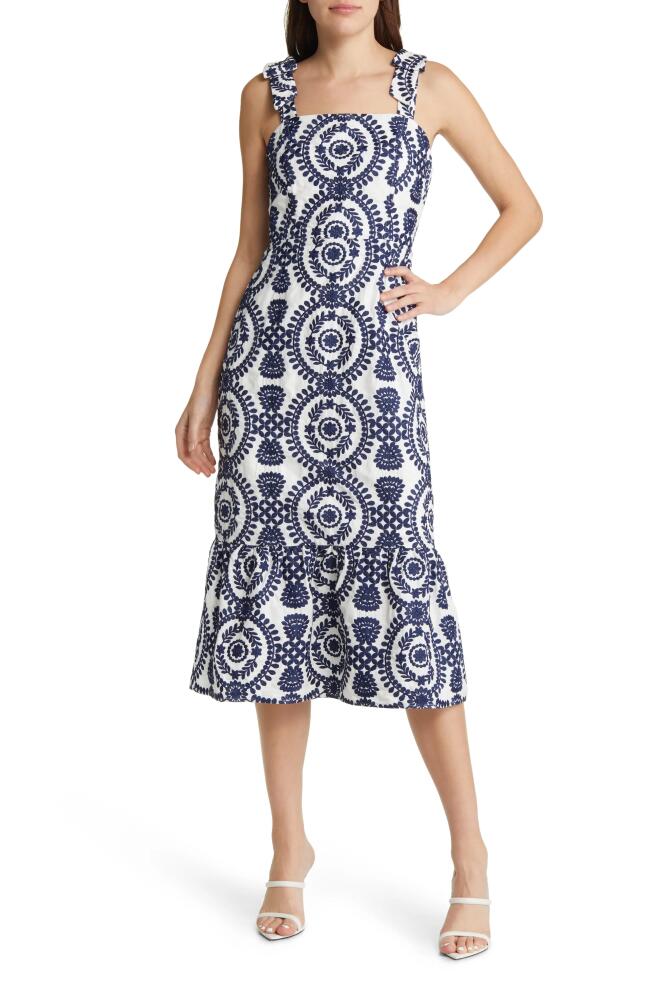 Adelyn Rae Layla Embroidered Cotton Midi Dress in White/Navy Cover