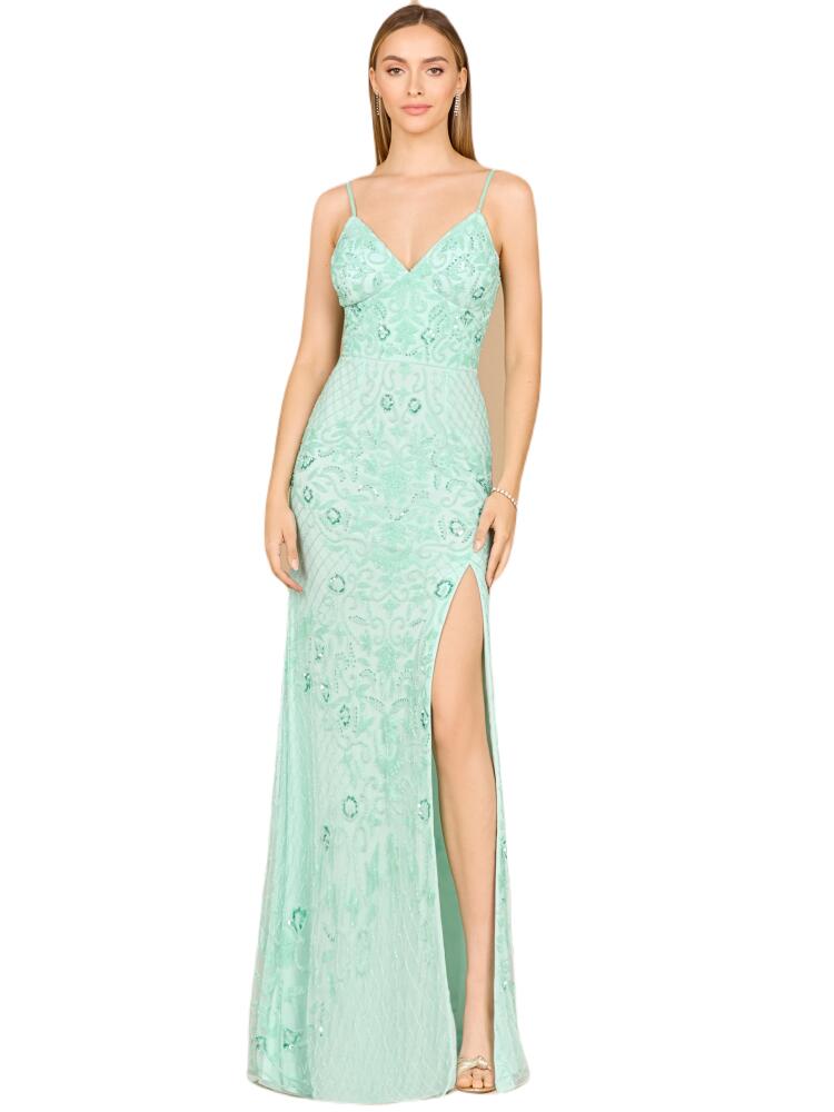 LARA New York Body Con V-Neck Beaded Gown in Mint Cover