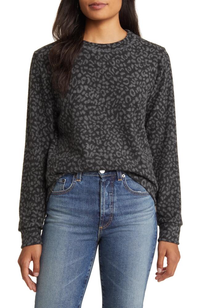 Loveappella Brushed Leopard Print Long Sleeve Crewneck Top in Black/Gray Cover