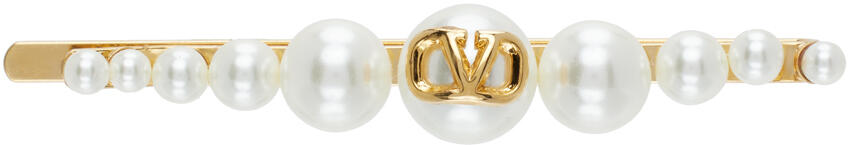 Valentino Garavani Gold & White VLogo Signature Metal Pearl Hair Clip Cover