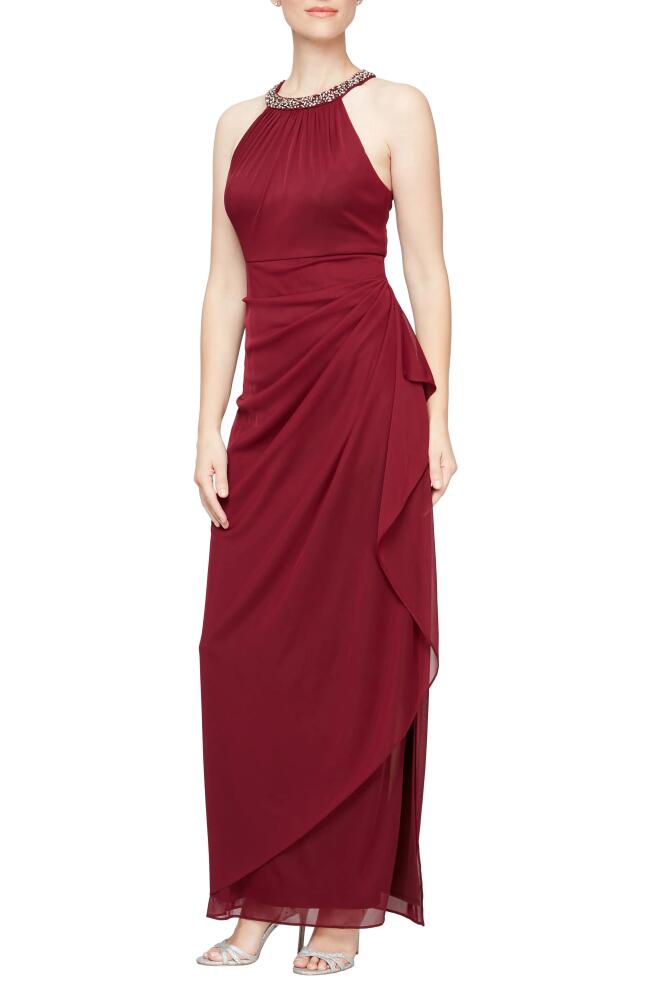 Alex Evenings Embellished Halter Ruched Column Formal Gown in Wine Cover