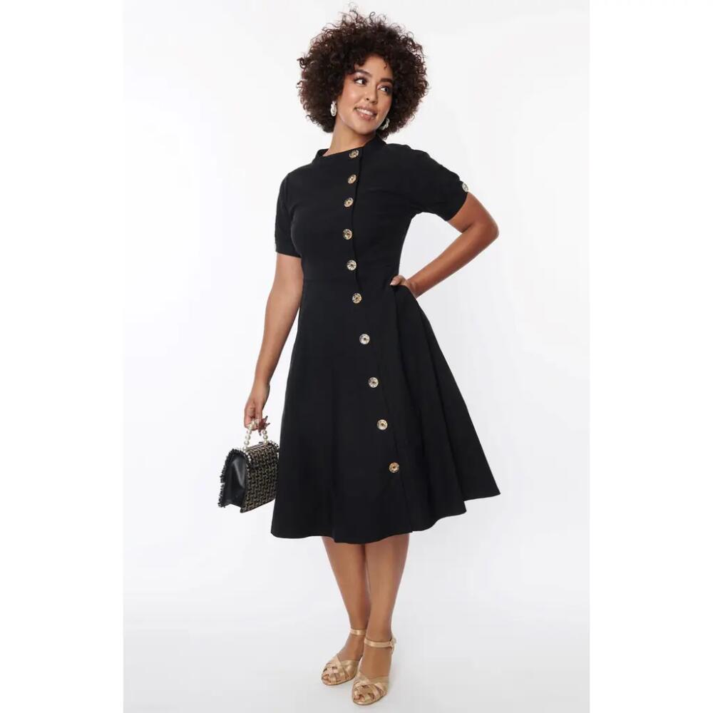 Unique Vintage Asymmetrical Button Woven Swing Dress in Black Cover