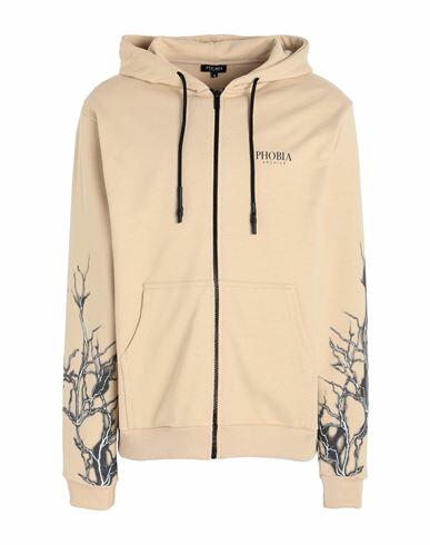 Phobia Archive Zip Hoodie With Black Lightning On Sleeves Man Sweatshirt Beige Cotton Cover