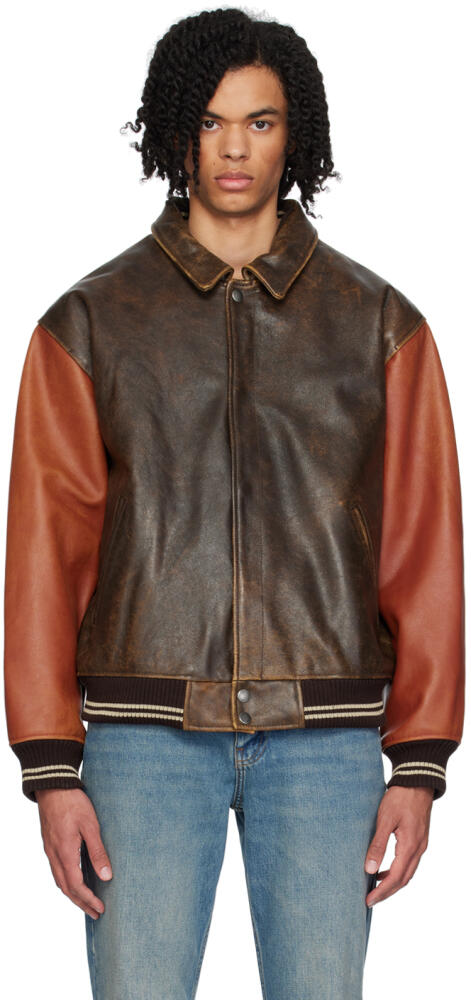 GUESS USA Brown & Orange Varsity Leather Bomber Jacket Cover